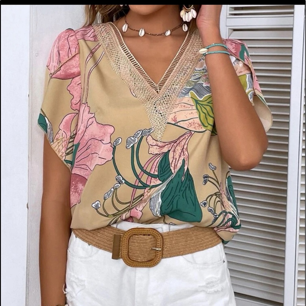Boho Floral Print Petal Sleeve Shirt Top Blouse - Picture 5 of 8